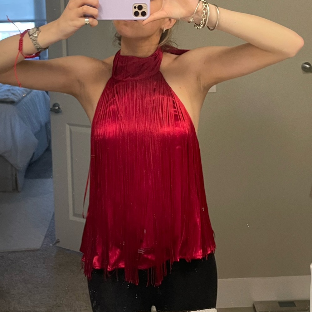 Zara red silk fringe top